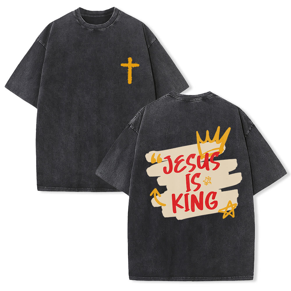 Christianartworkshop Jesus Is King Crown Sketch Cross Left Chest Grunge Splash Back Brush Letter Graphic Vintage Washed Unisex T-Shirt - Nero - 5XL - image 0