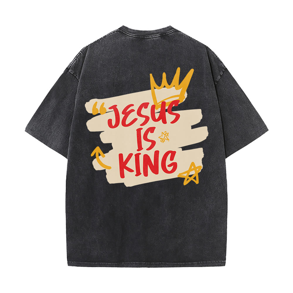 Christianartworkshop Jesus Is King Crown Sketch Cross Left Chest Grunge Splash Back Brush Letter Graphic Vintage Washed Unisex T-Shirt - image 1