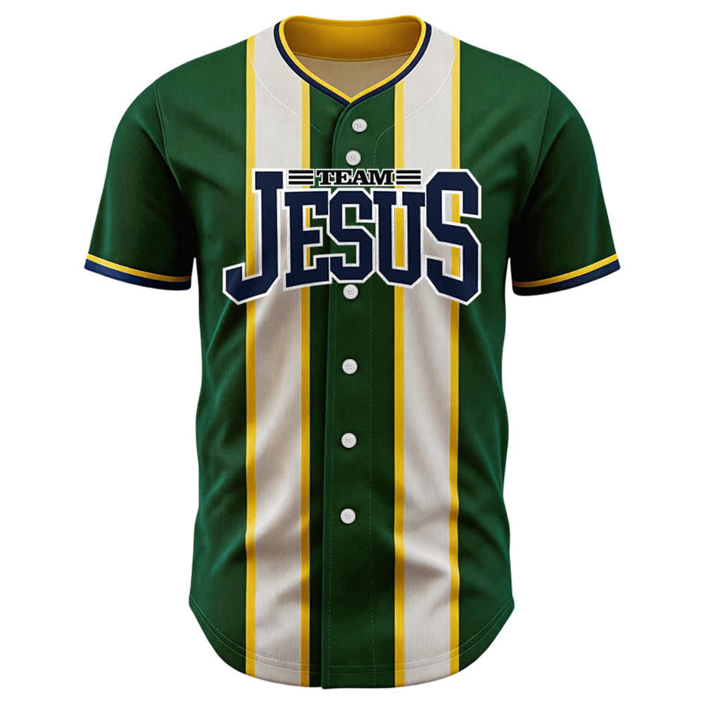 Christianartworkshop Maglia da baseball personalizzata con nome e numero della squadra di Gesù a righe con bottoni - image 1