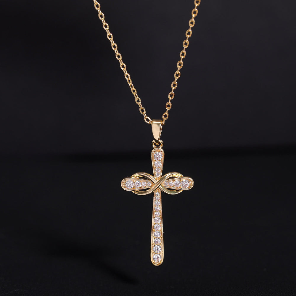 Christianartworkshop Collana con croce e simbolo dell'infinito interamente tempestata di pietre: emblema senza tempo di serena pace celeste. - image 1
