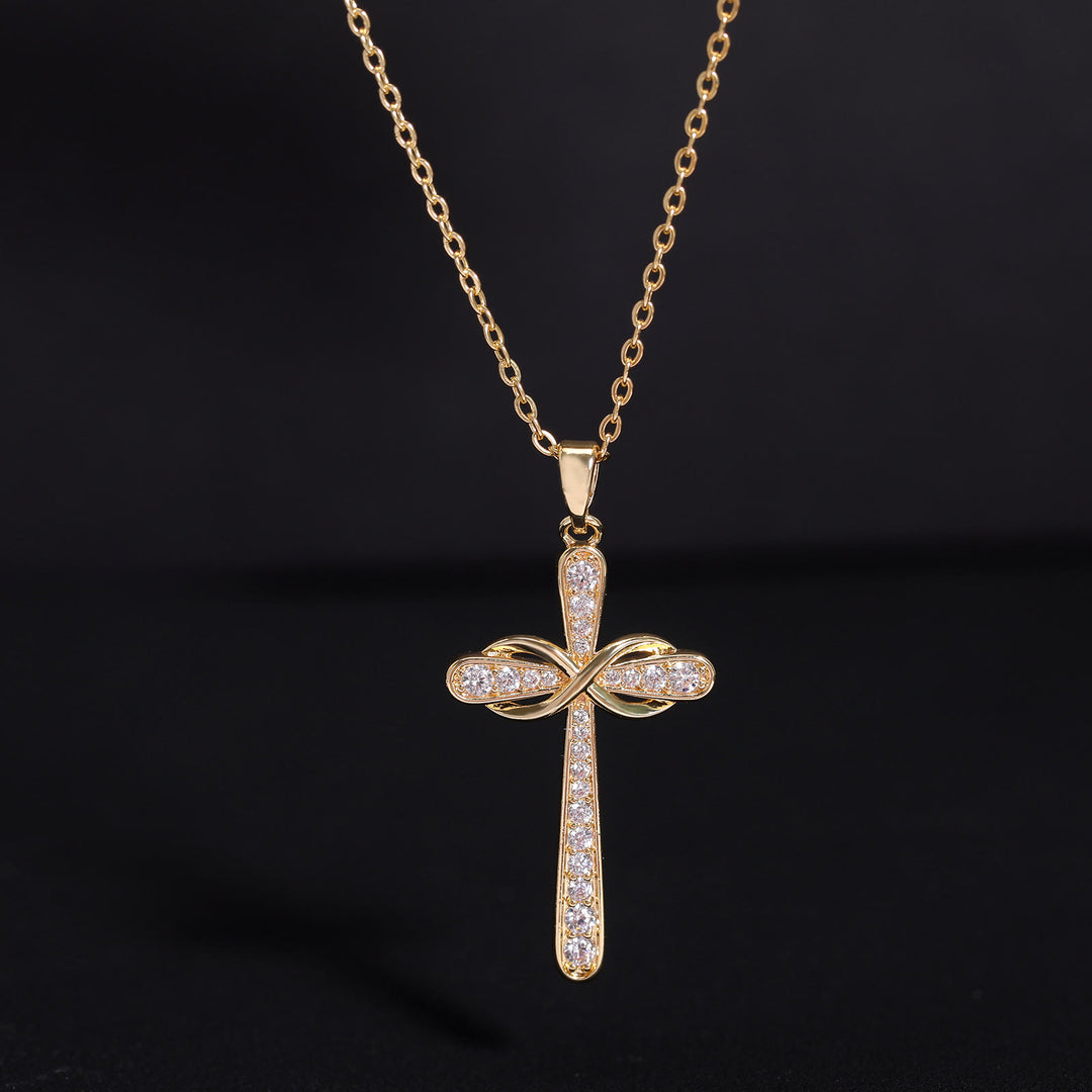Christianartworkshop Collana con croce e simbolo dell'infinito interamente tempestata di pietre: emblema senza tempo di serena pace celeste. - image 1