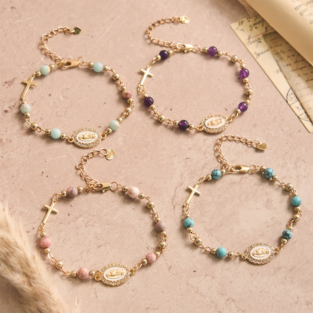 Christianartworkshop Bracciale regolabile con croce ovale della Madonna in pietra naturale: emblema personalizzato di incrollabile fede celeste. - image 0