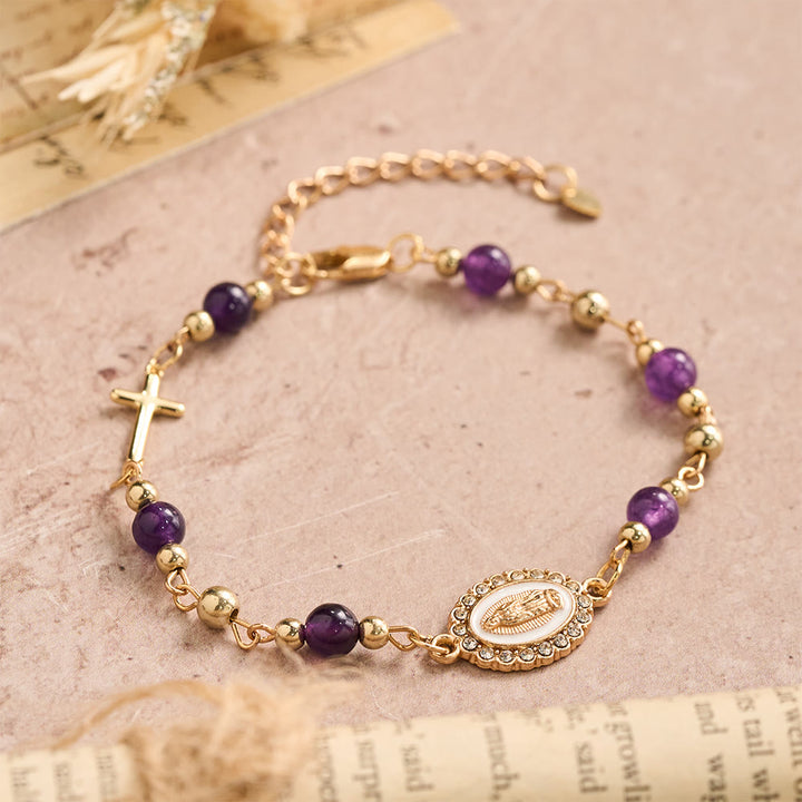 Christianartworkshop Bracciale regolabile con croce ovale della Madonna in pietra naturale: emblema personalizzato di incrollabile fede celeste. - image 2