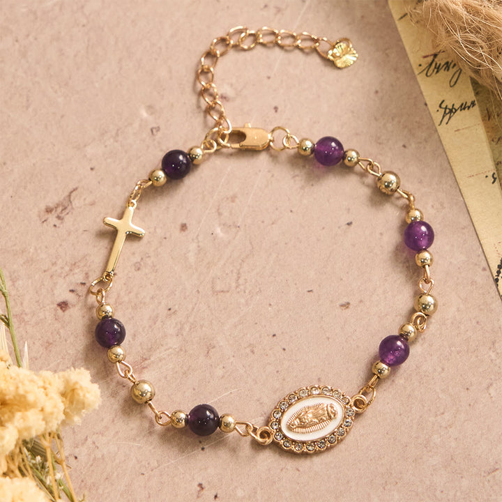 Christianartworkshop Bracciale regolabile con croce ovale della Madonna in pietra naturale: emblema personalizzato di incrollabile fede celeste. - Nostra Signora e Ametista - image 1