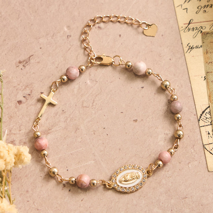 Christianartworkshop Bracciale regolabile con croce ovale della Madonna in pietra naturale: emblema personalizzato di incrollabile fede celeste. - Nostra Signora e Diaspro Zebra Rosa - image 7