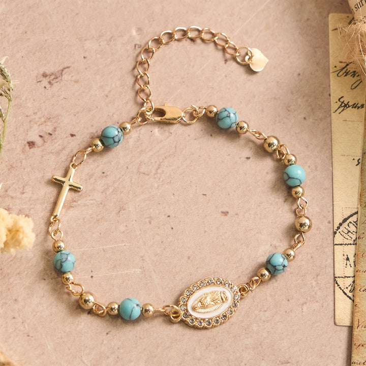 Christianartworkshop Bracciale regolabile con croce ovale della Madonna in pietra naturale: emblema personalizzato di incrollabile fede celeste. - Nostra Signora e Turchese Blu - image 3
