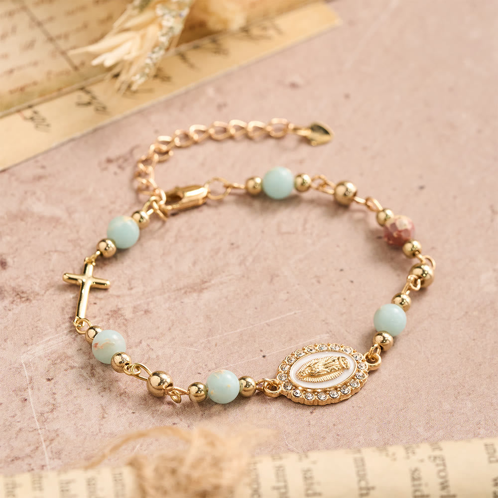 Christianartworkshop Bracciale regolabile con croce ovale della Madonna in pietra naturale: emblema personalizzato di incrollabile fede celeste. - image 6