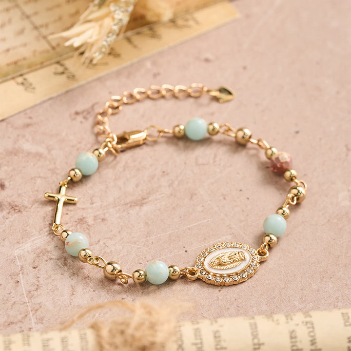 Christianartworkshop Bracciale regolabile con croce ovale della Madonna in pietra naturale: emblema personalizzato di incrollabile fede celeste. - image 6