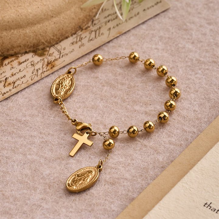 Christianartworkshop Bracciale con medaglia della Vergine Maria a forma di croce pendente e perline lisce e rotonde: emblema personalizzato di fede celeste incrollabile. - image 2