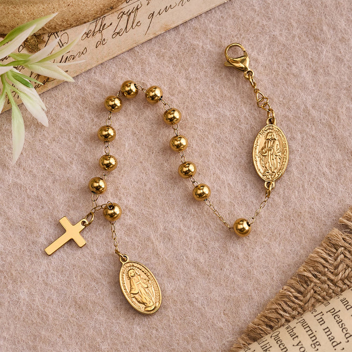 Christianartworkshop Bracciale con medaglia della Vergine Maria a forma di croce pendente e perline lisce e rotonde: emblema personalizzato di fede celeste incrollabile. - image 1