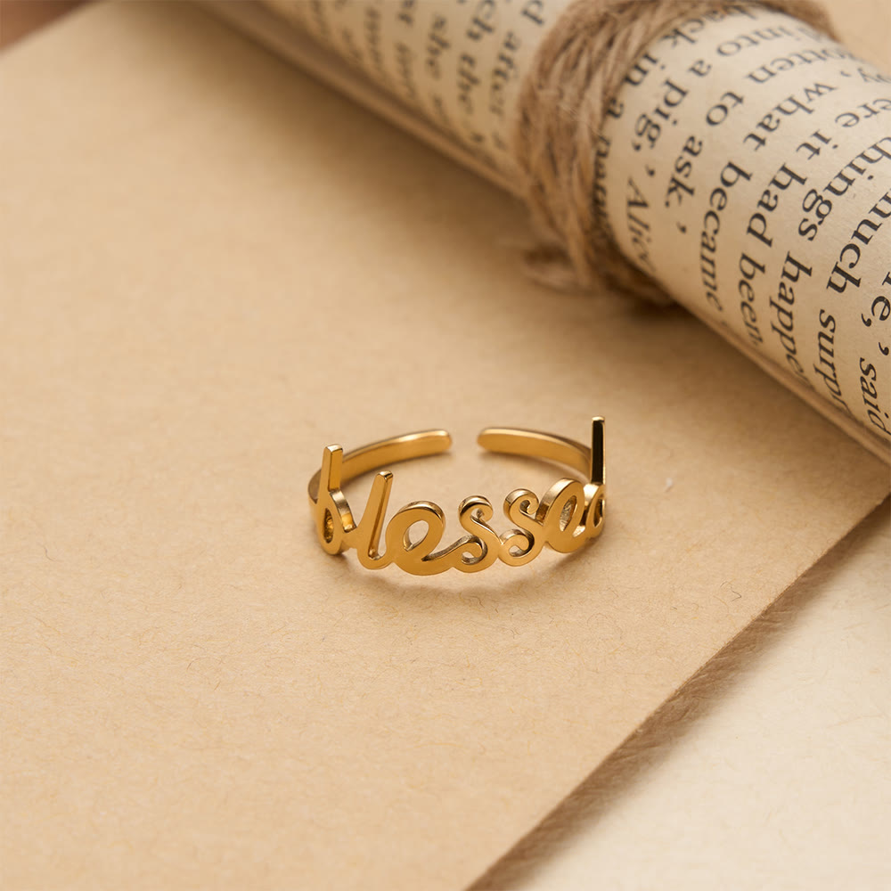 Christianartworkshop Anello regolabile aperto con scritta in corsivo "Parola Benedetta": emblema personalizzato di fede celeste incrollabile. - image 3