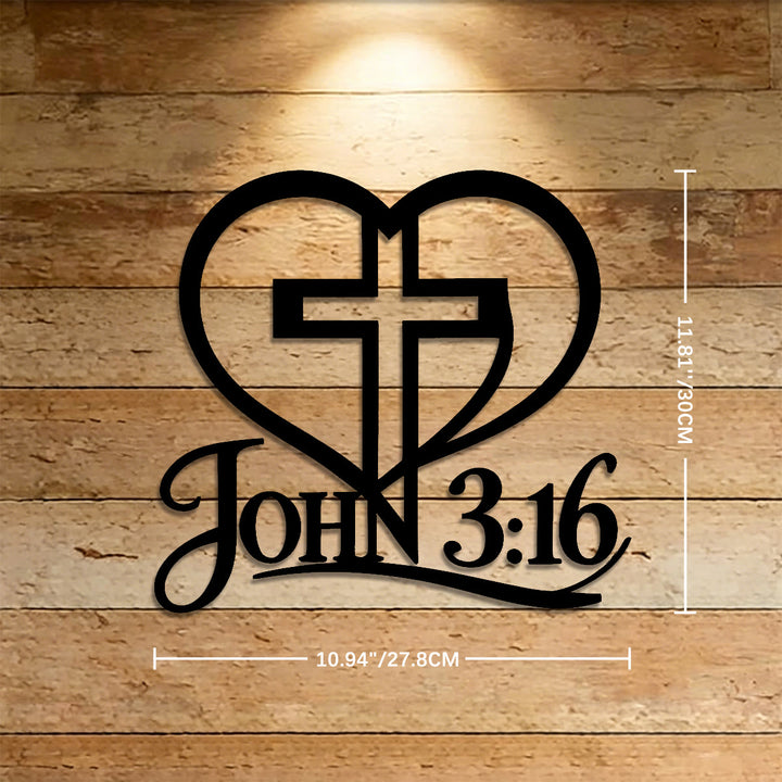 Christianartworkshop Croce a forma di cuore con versetto Giovanni 3:16, decorazione murale in metallo: emblema senza tempo della sacra grazia redentrice. - 11,81''*10,94''*0,04''/30cm*27,8cm*0,1cm - image 4