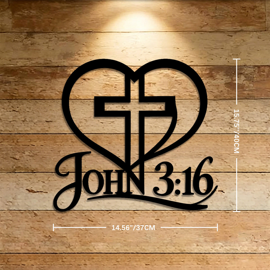 Christianartworkshop Croce a forma di cuore con versetto Giovanni 3:16, decorazione murale in metallo: emblema senza tempo della sacra grazia redentrice. - 15,75''*14,56''*0,04''/40cm*37cm*0,1cm - image 5