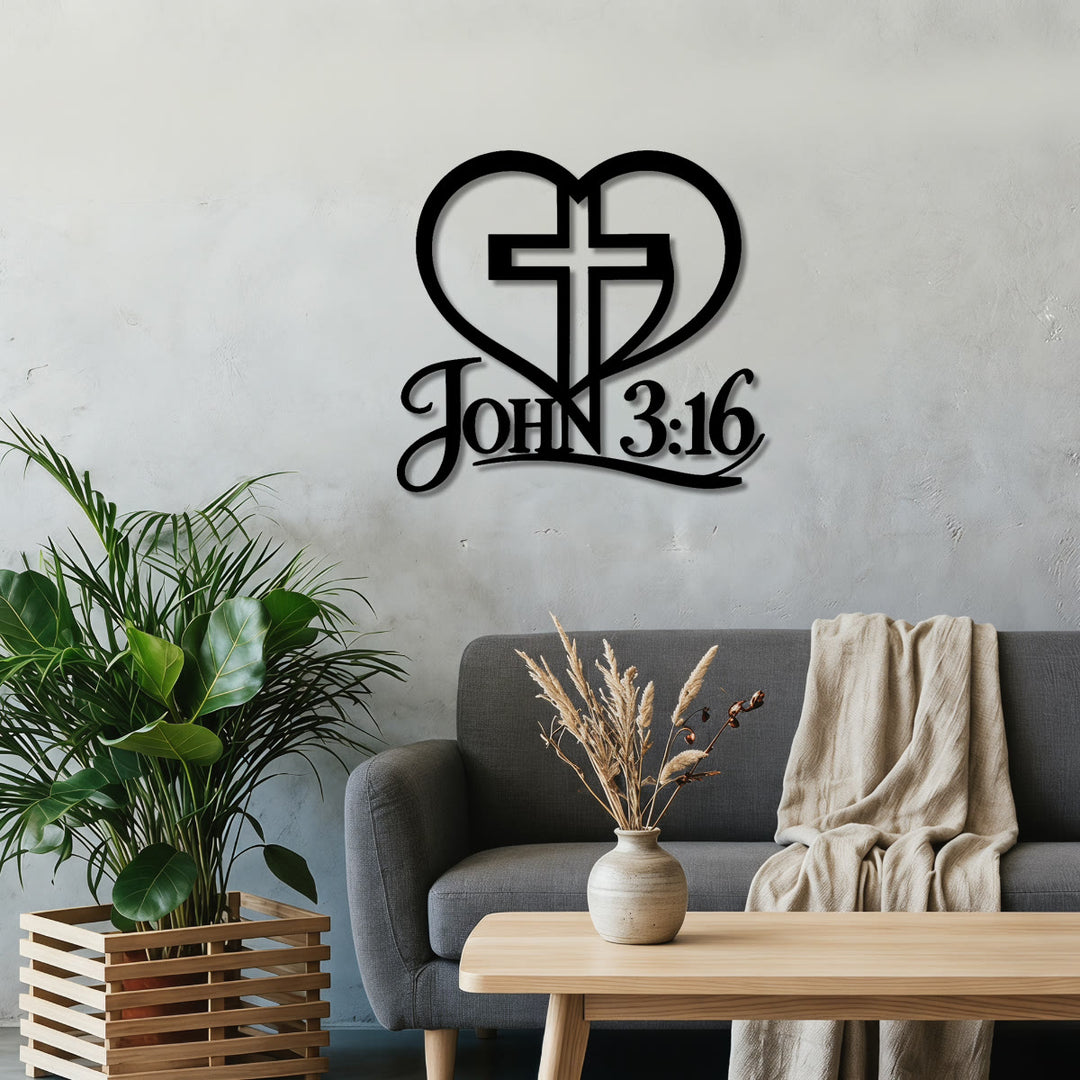Christianartworkshop Croce a forma di cuore con versetto Giovanni 3:16, decorazione murale in metallo: emblema senza tempo della sacra grazia redentrice. - image 0