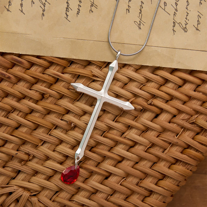 Collana con croce e spada con goccia di zircone rosso Christianartworkshop : un ricordo sacro per i credenti - image 1