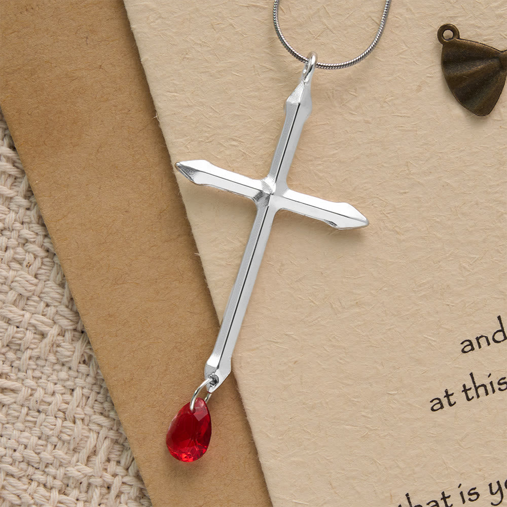 Collana con croce e spada con goccia di zircone rosso Christianartworkshop : un ricordo sacro per i credenti - Croce e goccia rossa - image 0