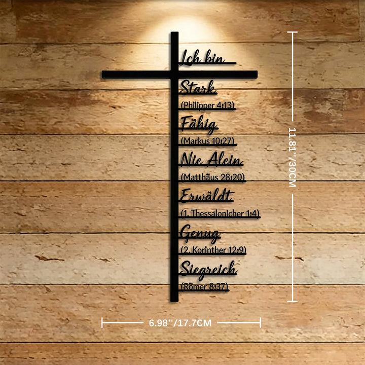 Christianartworkshop Decorazione murale in metallo con croce verticale, versetto biblico sull'identità tedesca: emblema senza tempo della sacra grazia redentrice. - 6,98''*11,81''*0,04''/17,7cm*30cm*0,1cm - image 4