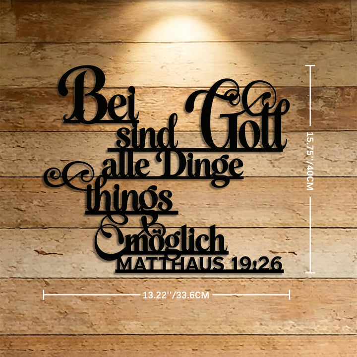 Christianartworkshop Decorazione murale in metallo con scritta corsiva tedesca "Matteo 19:26": emblema senza tempo della sacra grazia redentrice. - 15,75''*13,22''*0,04''/40cm*33,6cm*0,1cm - image 5