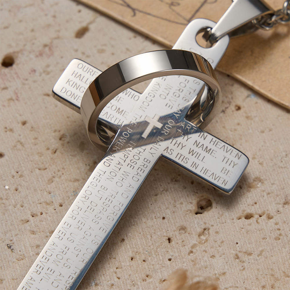 Collana con ciondolo a croce inciso con la preghiera del Signore e anello girevole, Christianartworkshop. - image 6