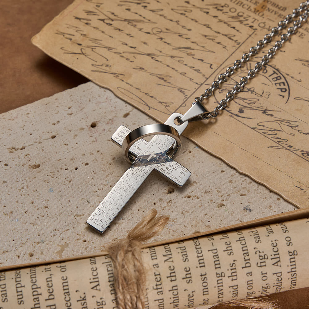 Collana con ciondolo a croce inciso con la preghiera del Signore e anello girevole, Christianartworkshop. - image 8