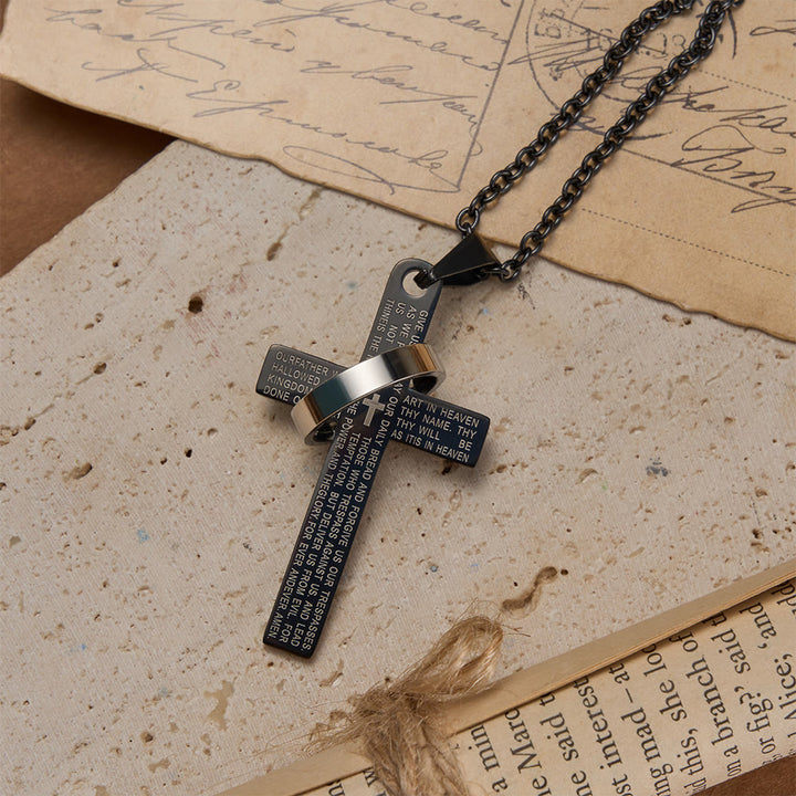 Collana con ciondolo a croce inciso con la preghiera del Signore e anello girevole, Christianartworkshop. - image 4