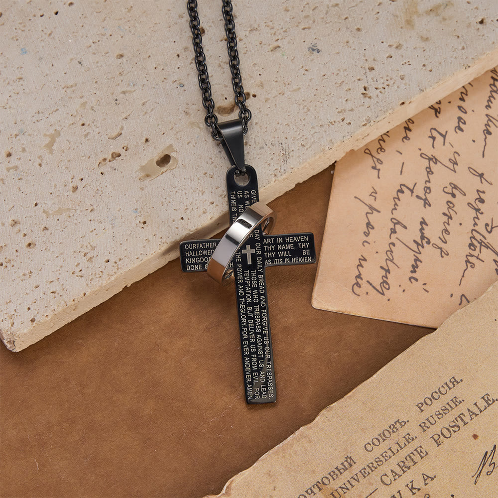 Collana con ciondolo a croce inciso con la preghiera del Signore e anello girevole, Christianartworkshop. - image 5