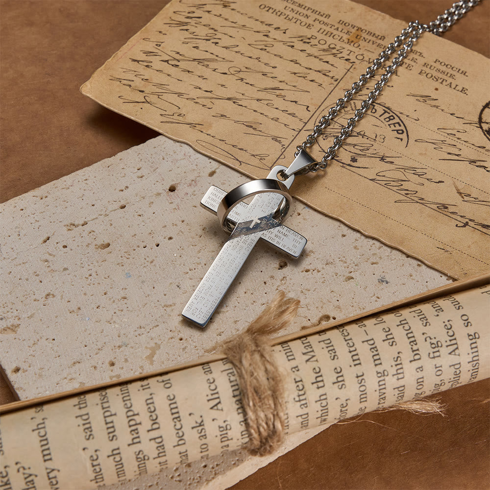 Collana con ciondolo a croce inciso con la preghiera del Signore e anello girevole, Christianartworkshop. - image 9