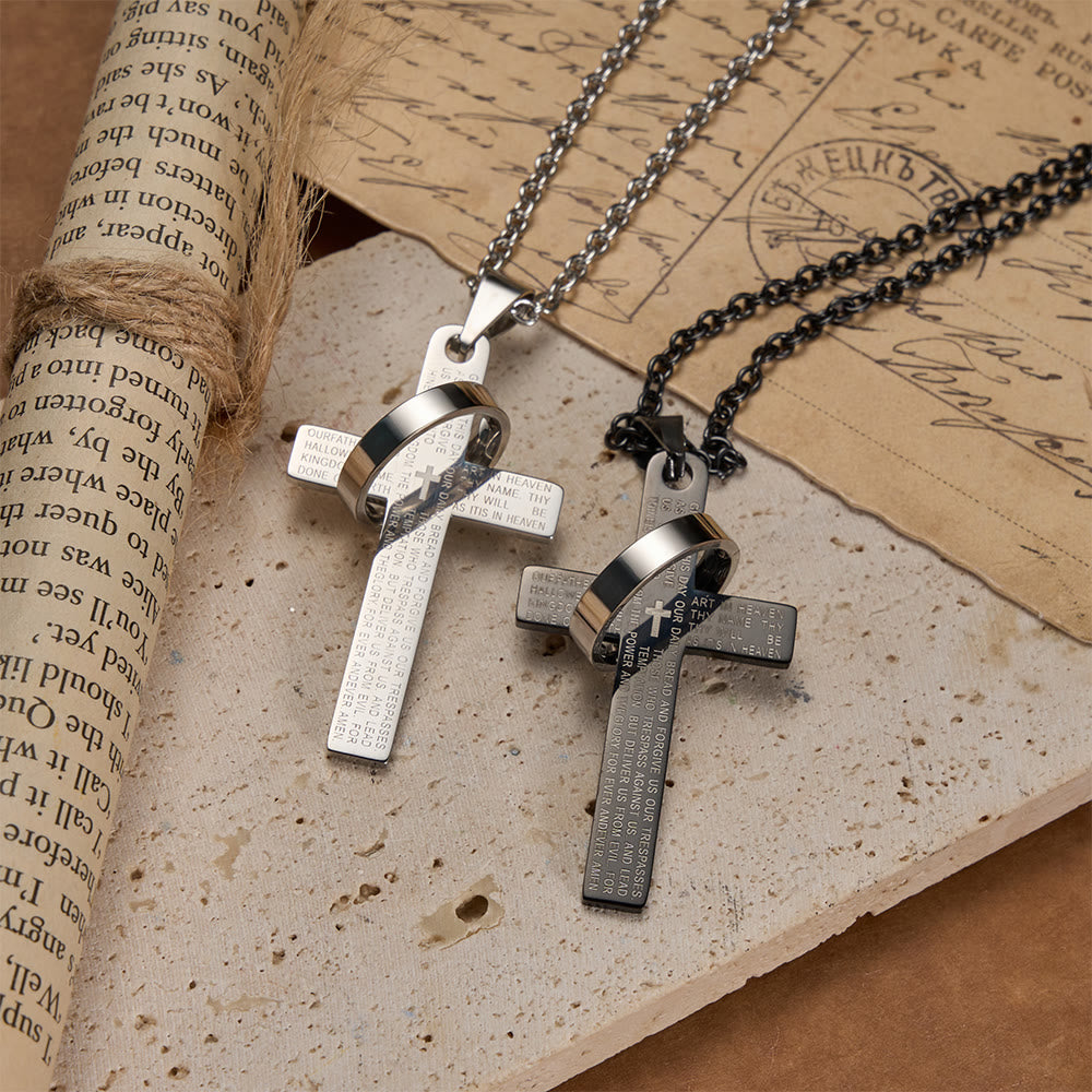 Collana con ciondolo a croce inciso con la preghiera del Signore e anello girevole, Christianartworkshop. - image 2