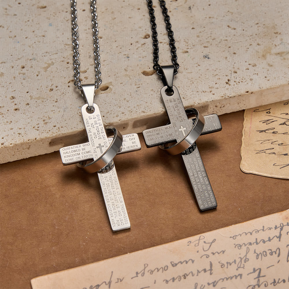 Collana con ciondolo a croce inciso con la preghiera del Signore e anello girevole, Christianartworkshop. - image 3