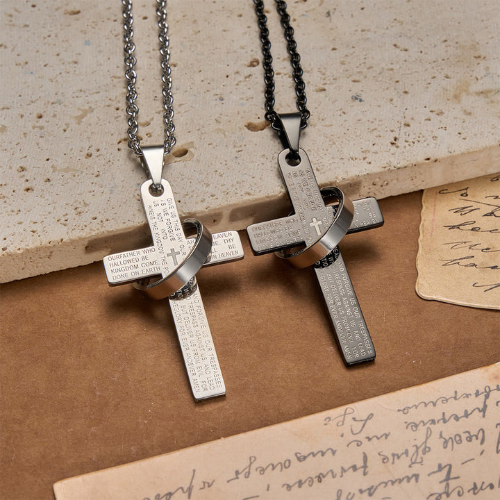 Collana con ciondolo a croce inciso con la preghiera del Signore e anello girevole, Christianartworkshop. - image 3