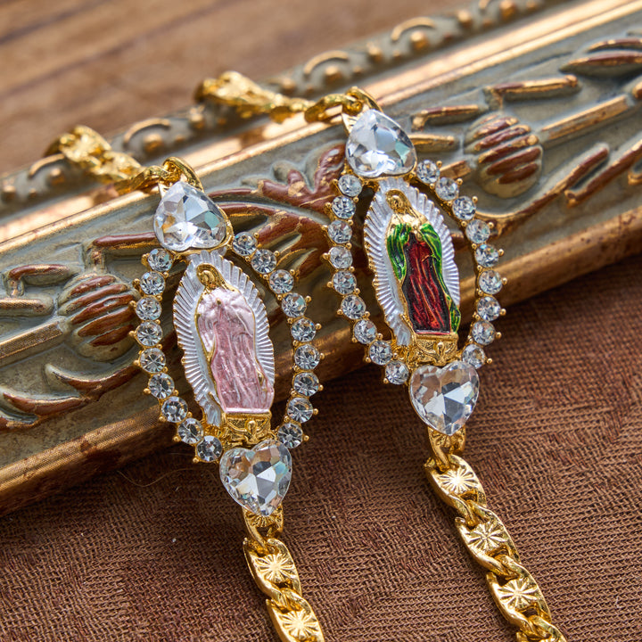 Christianartworkshop Bracciale con ciondolo ovale a forma di cuore e ciondolo della Madonna di Guadalupe con cornice di cristallo: emblema personalizzato di incrollabile fede celeste. - image 0