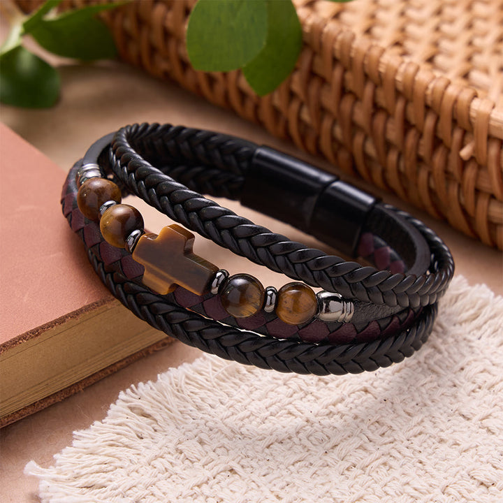 Christianartworkshop Bracciale avvolgente intrecciato con croce in pietra naturale: emblema personalizzato di eterna tenerezza divina. - Occhio di Croce e Tigre - image 4