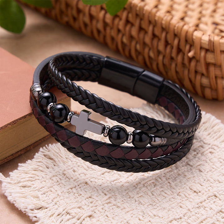 Christianartworkshop Bracciale avvolgente intrecciato con croce in pietra naturale: emblema personalizzato di eterna tenerezza divina. - Croce e onice nera - image 3