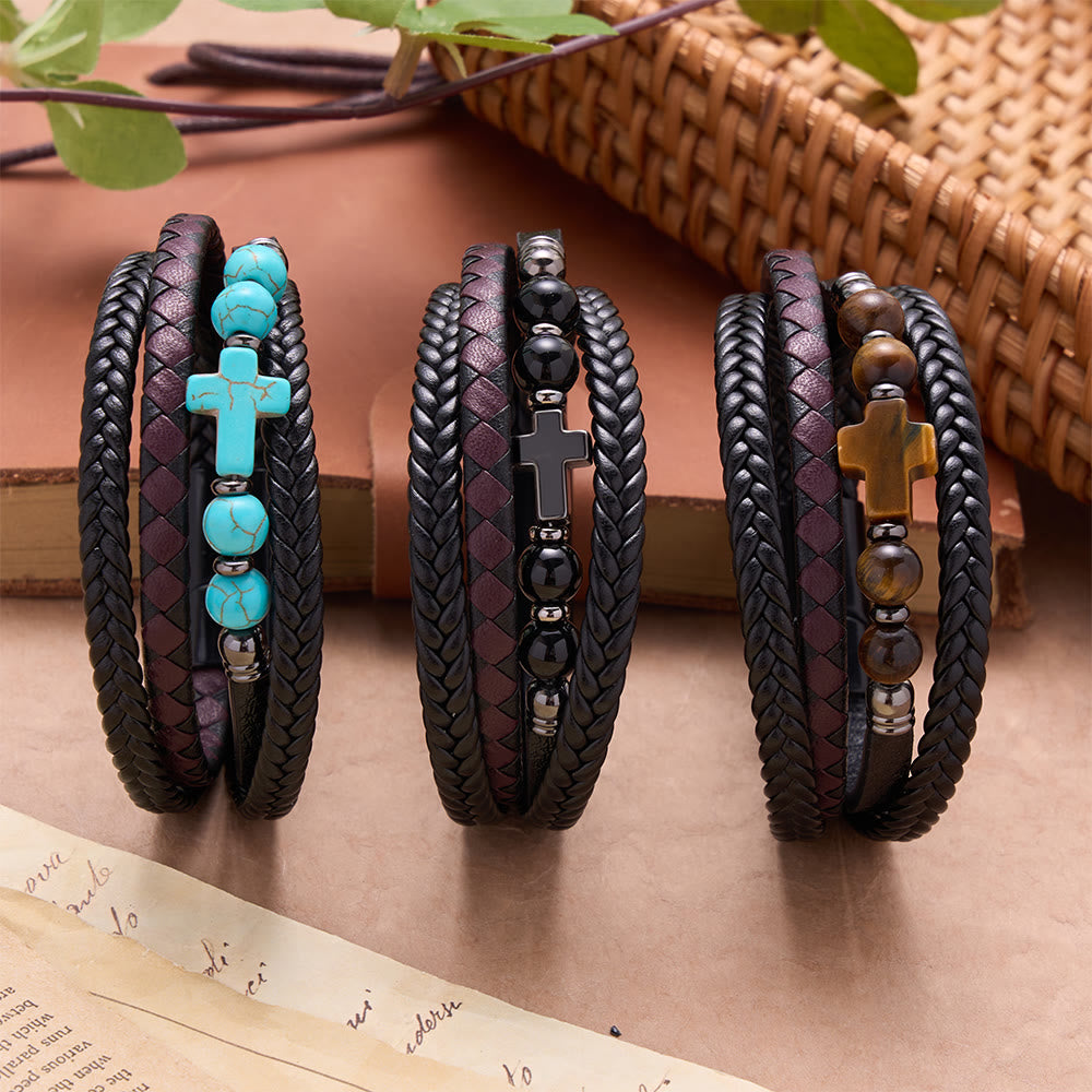 Christianartworkshop Bracciale avvolgente intrecciato con croce in pietra naturale: emblema personalizzato di eterna tenerezza divina. - image 1