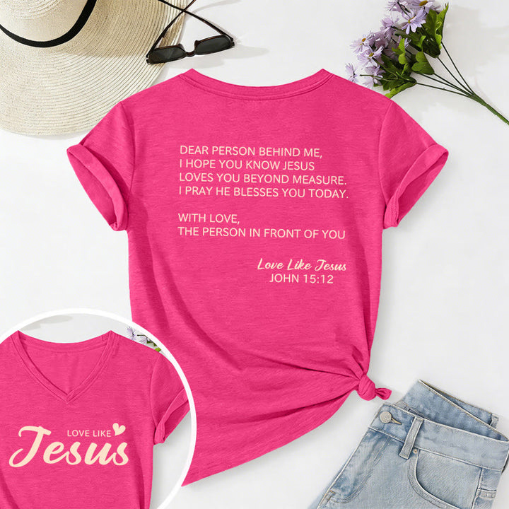 Christianartworkshop Cara persona dietro di me, testo completo sul retro, versetto Giovanni 15:12, slogan d'amore sul davanti, maglietta casual con scollo a V. - Rosa - 2XL - image 48