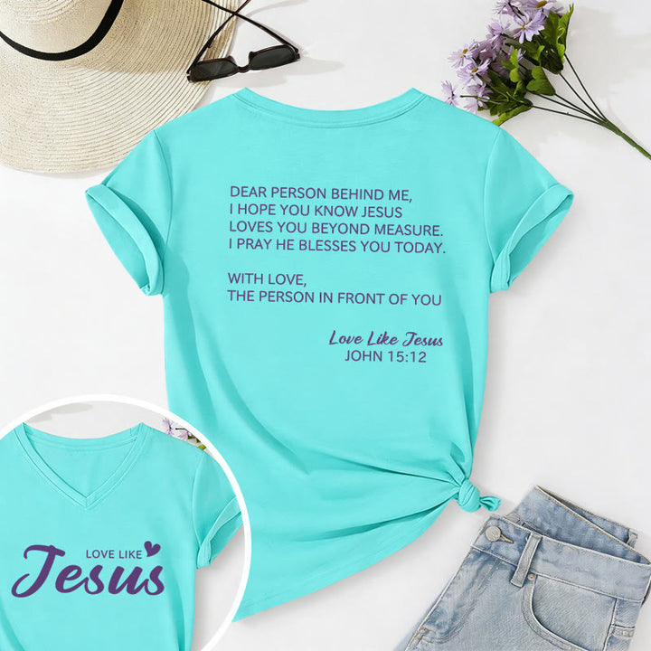 Christianartworkshop Cara persona dietro di me, testo completo sul retro, versetto Giovanni 15:12, slogan d'amore sul davanti, maglietta casual con scollo a V. - Blu celeste - 2XL - image 66