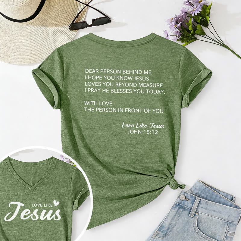 Christianartworkshop Cara persona dietro di me, testo completo sul retro, versetto Giovanni 15:12, slogan d'amore sul davanti, maglietta casual con scollo a V. - Verde oliva - 2XL - image 54