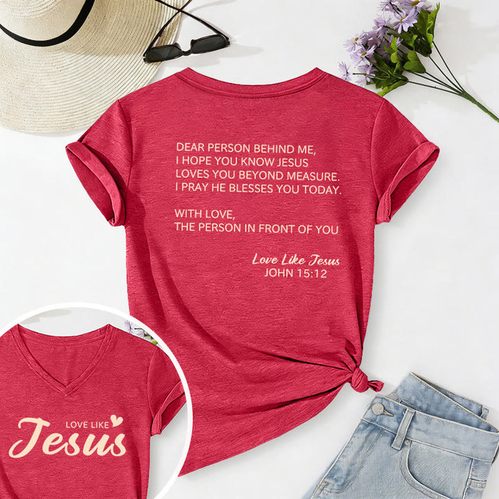 Christianartworkshop Cara persona dietro di me, testo completo sul retro, versetto Giovanni 15:12, slogan d'amore sul davanti, maglietta casual con scollo a V. - Rosso - 2XL - image 30