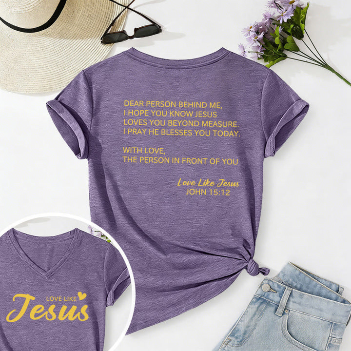 Christianartworkshop Cara persona dietro di me, testo completo sul retro, versetto Giovanni 15:12, slogan d'amore sul davanti, maglietta casual con scollo a V. - Viola - 2XL - image 36
