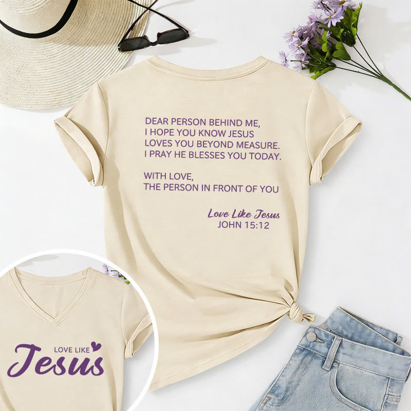 Christianartworkshop Cara persona dietro di me, testo completo sul retro, versetto Giovanni 15:12, slogan d'amore sul davanti, maglietta casual con scollo a V. - Beige - 2XL - image 18