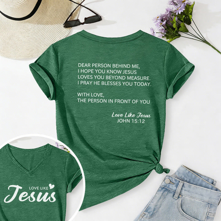 Christianartworkshop Cara persona dietro di me, testo completo sul retro, versetto Giovanni 15:12, slogan d'amore sul davanti, maglietta casual con scollo a V. - Verde scuro - 2XL - image 72