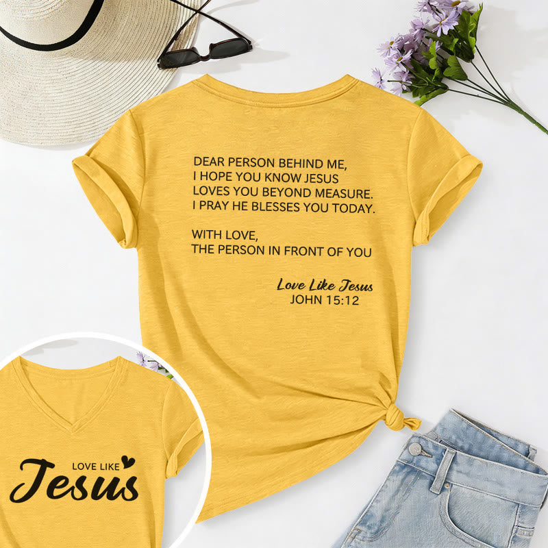 Christianartworkshop Cara persona dietro di me, testo completo sul retro, versetto Giovanni 15:12, slogan d'amore sul davanti, maglietta casual con scollo a V. - Giallo - 2XL - image 24