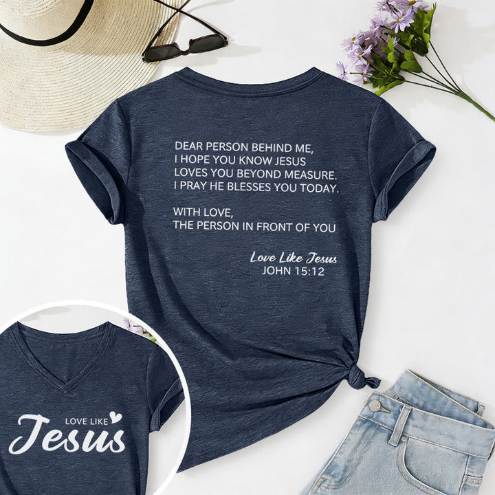 Christianartworkshop Cara persona dietro di me, testo completo sul retro, versetto Giovanni 15:12, slogan d'amore sul davanti, maglietta casual con scollo a V. - Blu navy - 2XL - image 42