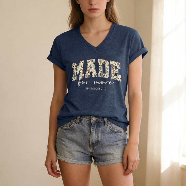 Christianartworkshop T-shirt casual con scollo a V e scritta "Made For More Floral Fill Varsity Font Cursive Script Ephesians 2:10 Verse". - image 1