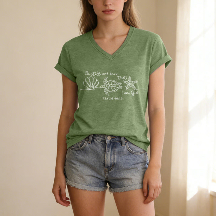 Christianartworkshop Stai fermo e sappi che io sono Dio Disegno a linea Tartaruga marina Guscio Stella marina Salmo 46:10 Maglietta con scollo a V - image 21