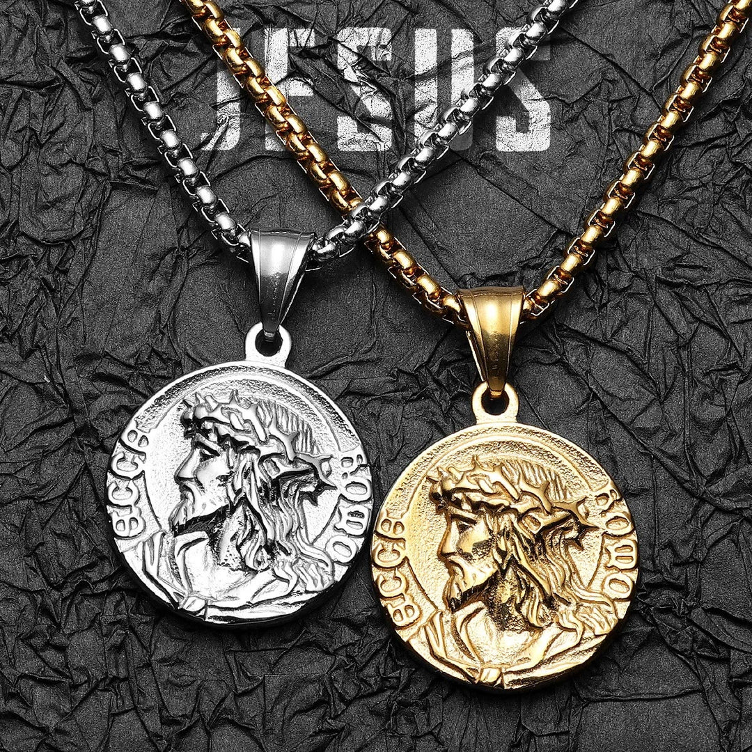 Christianartworkshop Collana con medaglione rotondo e catena con immagine di Gesù e corona di spine: emblema senza tempo di dolce protezione celeste. - image 0