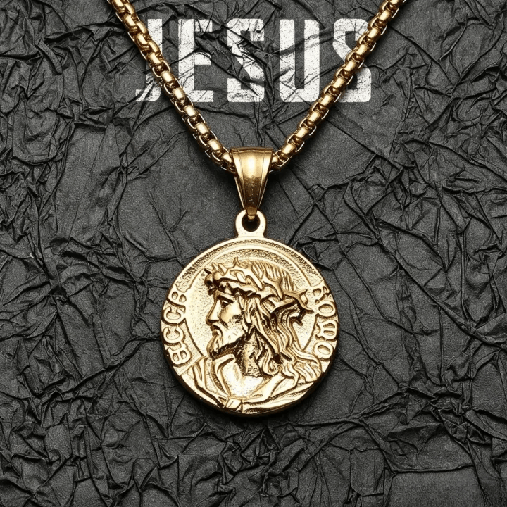 Christianartworkshop Collana con medaglione rotondo e catena con immagine di Gesù e corona di spine: emblema senza tempo di dolce protezione celeste. - D'oro - image 2