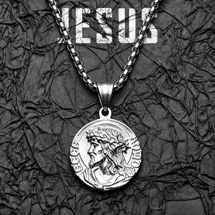 Christianartworkshop Collana con medaglione rotondo e catena con immagine di Gesù e corona di spine: emblema senza tempo di dolce protezione celeste. - Argento - image 5