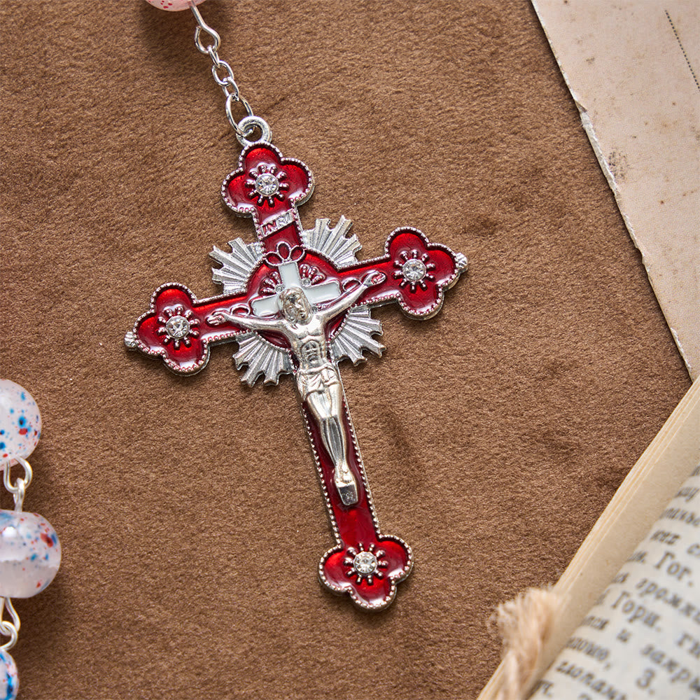 Christianartworkshop Rosario con crocifisso smaltato a stella patriottica e perline maculate, medaglione con scudo di San Michele. - image 7