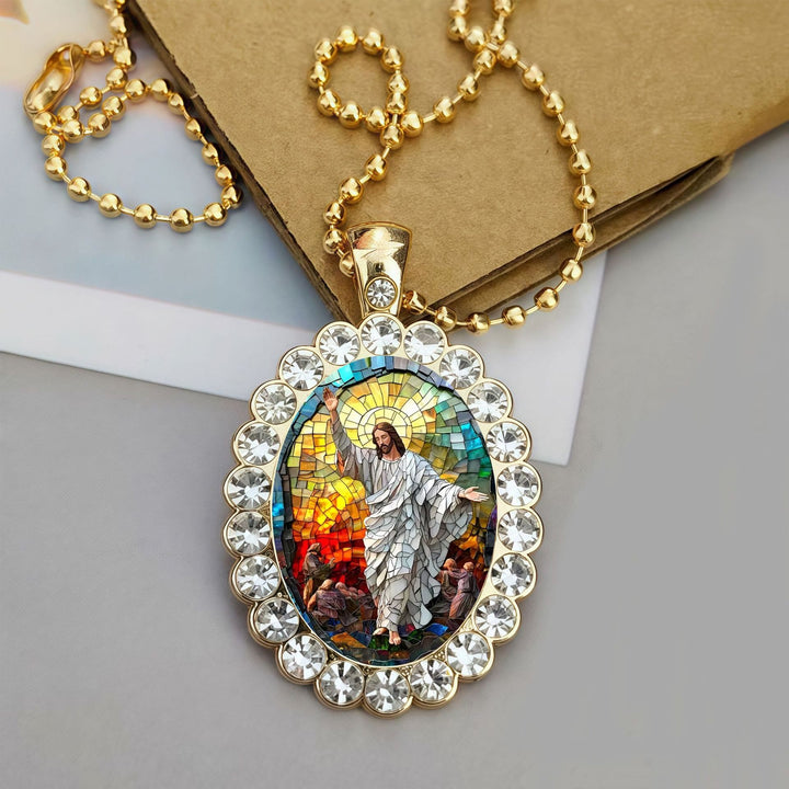 Christianartworkshop Collana con ciondolo a sfera e ritratto di Gesù con cornice ovale: simbolo senza tempo di dolce protezione celeste. - La benedizione di Gesù - image 5